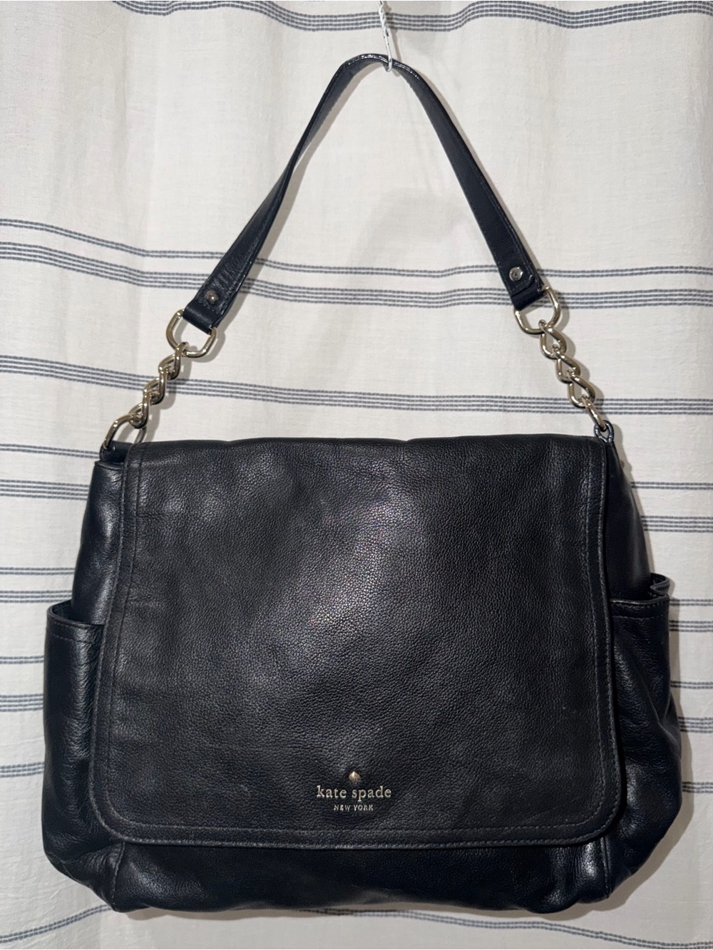 Kate Spade Black Pebbled Leather Flap Shoulder Bag Gold Chain S363 Polka Dot